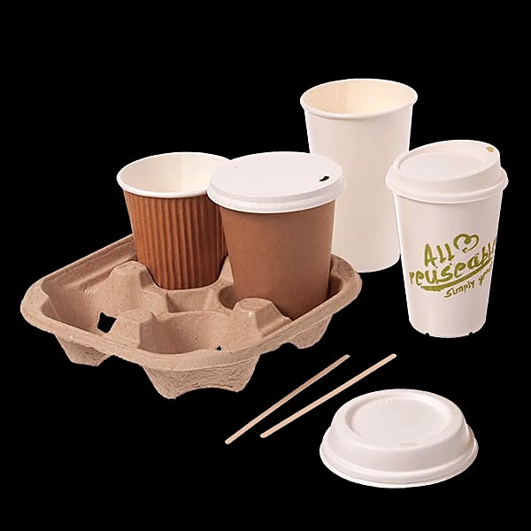 Kaffeebecher mit Deckeln, Rührstäbchen und Becherträger