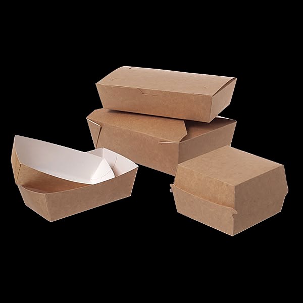Faltboxen und offene Schalen aus Kraftpapier