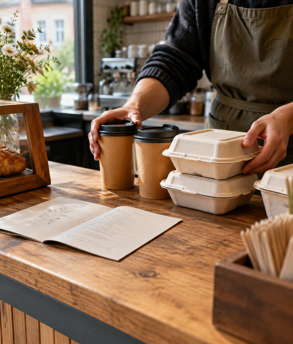 Kaffeebecher und Bagasseboxen auf einer Café-Theke neben einer Speisekarte