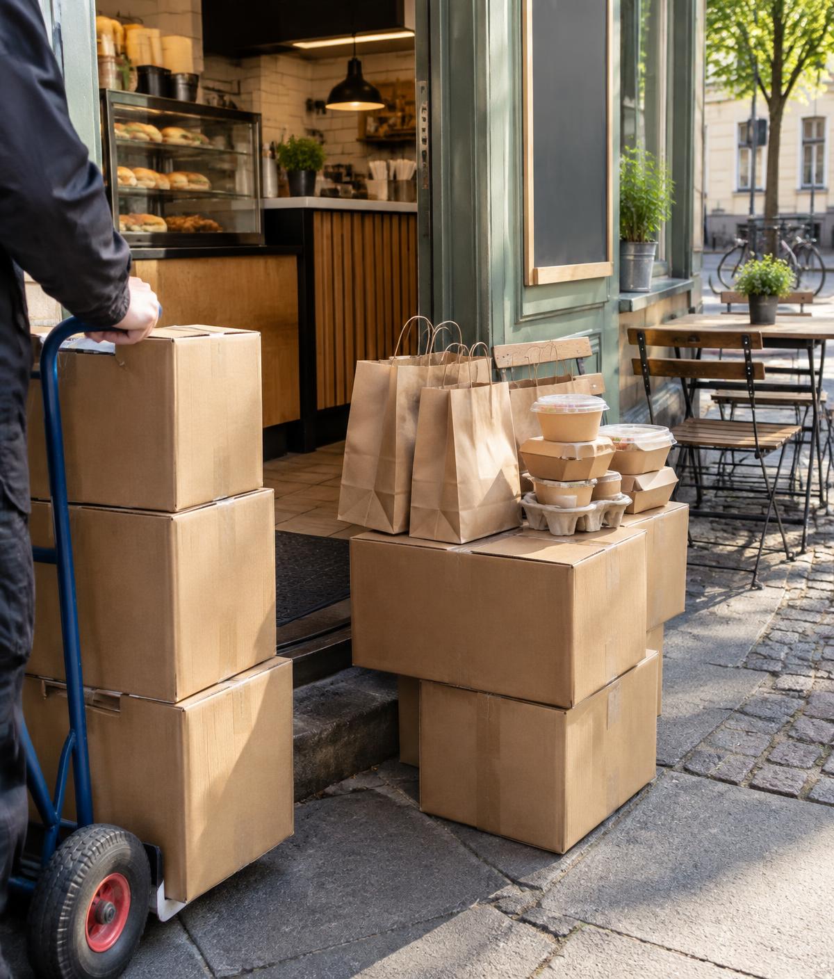 Lieferung von Kartons und Papiertüten vor einem Imbiss in Bonn