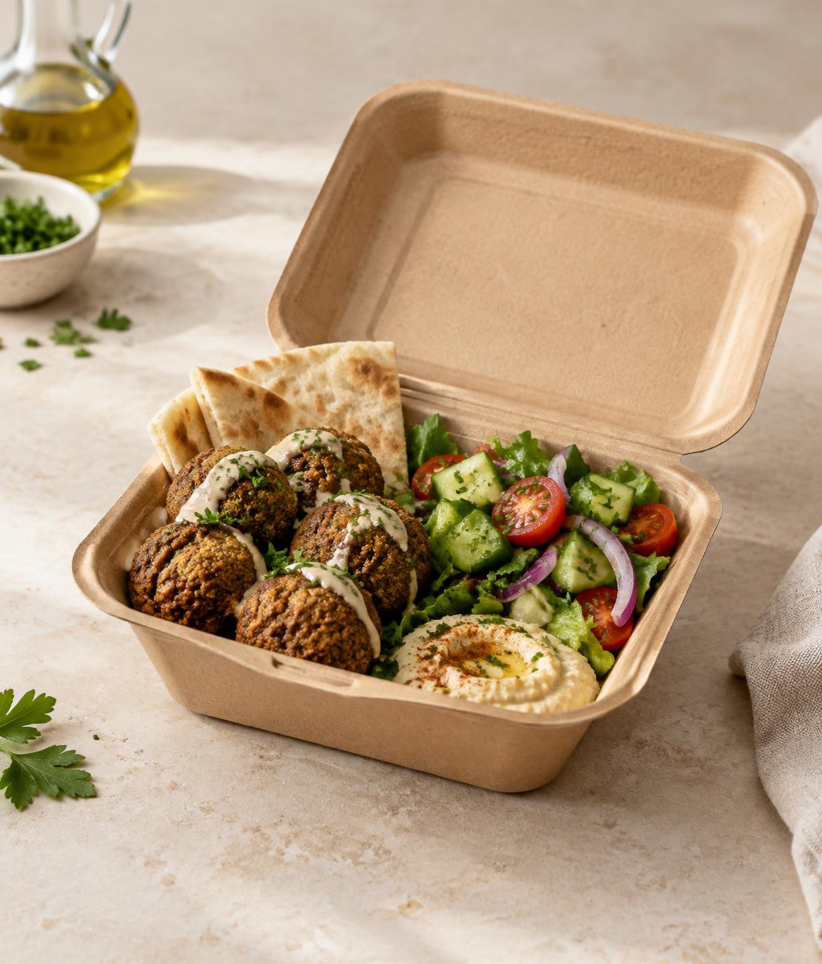 Bagassebox mit Falafel und Salat